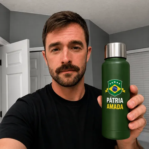 Daniel Morais com a garrafa térmica Pátria Amada