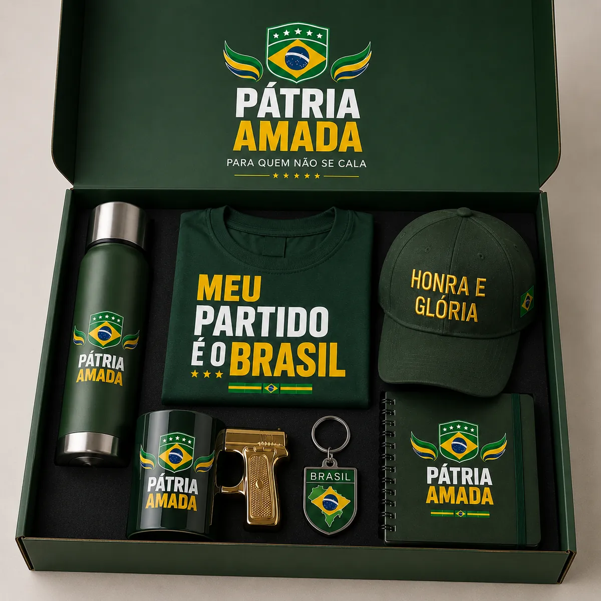 Caixa oficial Pátria Amada aberta com todas as peças organizadas