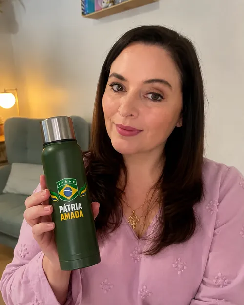 Silvia Matos com a garrafa térmica Pátria Amada